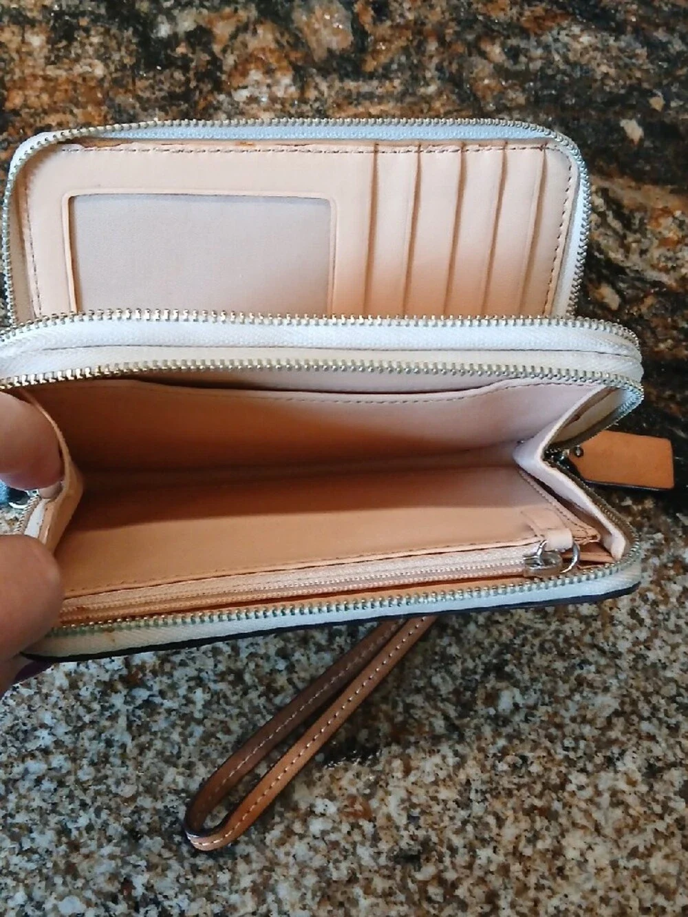 COACH Colorblock Zip Wristlet in White, Light Blue & Black